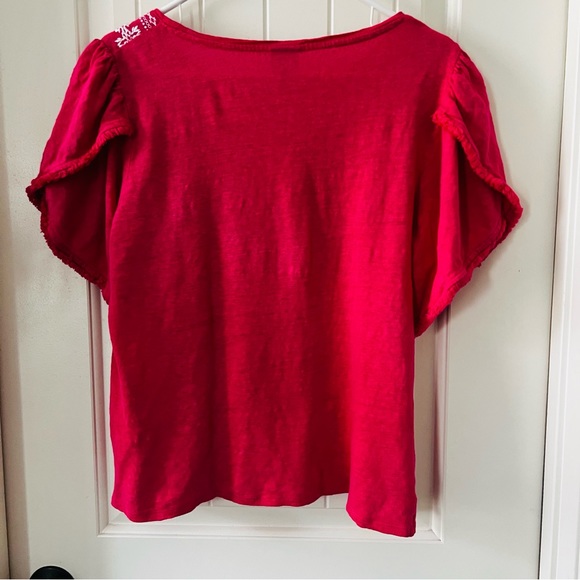 Chico’s Flutter Sleeve Top Sz 2 US Large Pink Blouse 100% Linen Embroidered Neck - Picture 3 of 9